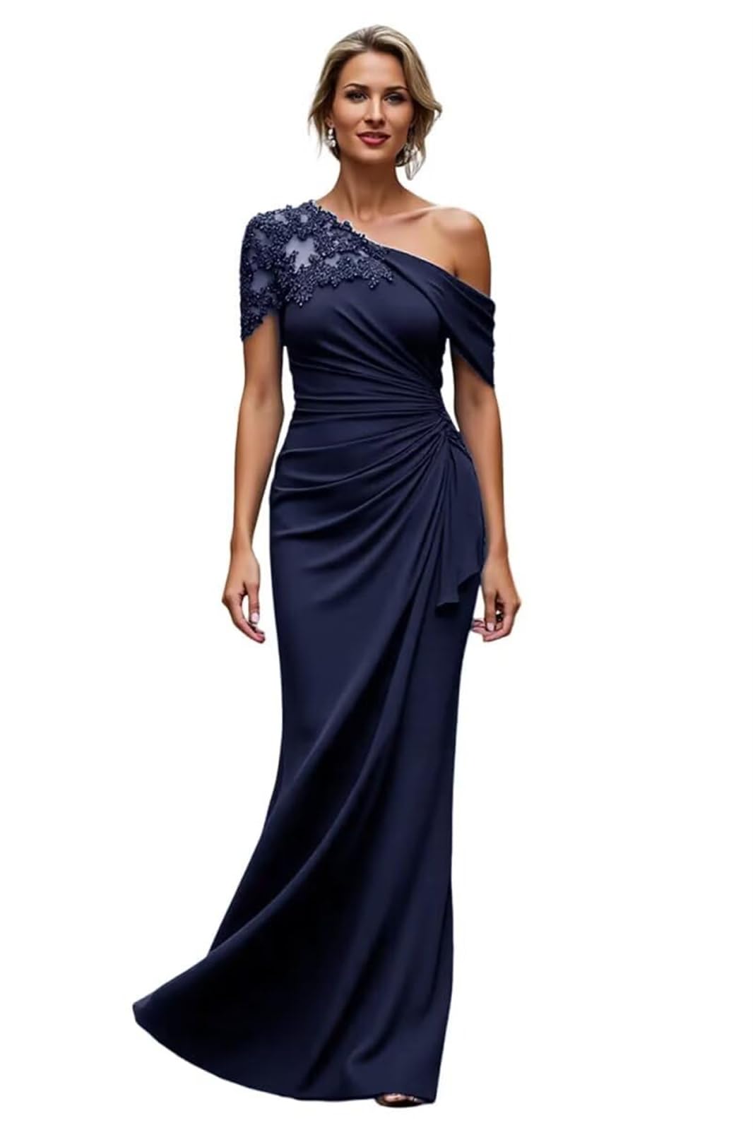 One Shoulder Abendkleider Elegant für Hochzeit,Spitzen Applikationen Chiffon Brautmutterkleider Meerjungfrau Ballkleider Lang für Damen