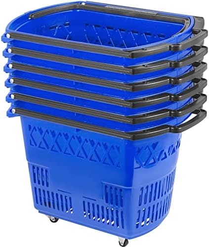 Mophorn 6PCS Shopping Carts, Blue Shopping Baskets with Handles, Plastic Rolling Shopping Basket with Wheels, Portable Shopping Basket Set for Retail Store