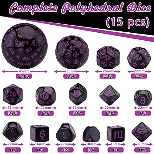 Austor 15 Pieces Complete Polyhedral Dice Set D3-D100 Game Dice Set With A Leather Drawstring Storage Bag For Role Playing Table Games(Black & Purple) #TOP1