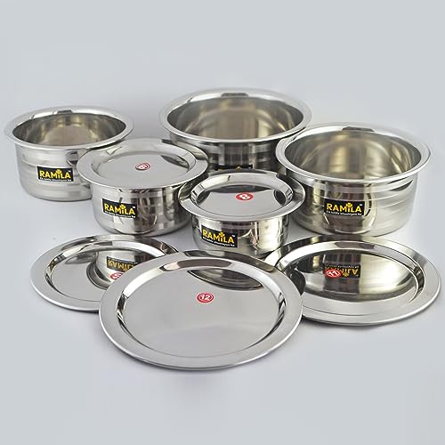 Image of Ramila Stainless Steel Tope Set | Cookware Set with Lid | Steel Pot Set Induction Bottom (Silver Touch Design) Capacity 2-Liter,1.5-Liter,1-Liter,0.75liter,0.50-Liter