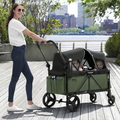 Image of Jeep Sport Stroller Wagon by Delta Children, Black /Green | Stroller Wagon with 2 Canopies, Parent Organizer, Cup Holders, Adjustable Handlebar and Child Snack Tray