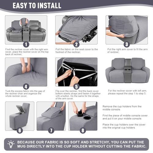 Image of KinCam Loveseat Recliner Covers with Middle Console Slipcover, Recliner Sofa Covers 2 Seat Couch Cover Stripe Jacquard Furniture Protector Covers with Elastic Bottom for Kids, Pets (Light Gray)