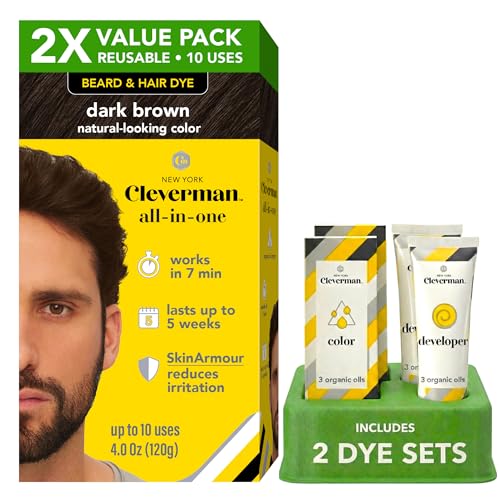 2X Reusable Hair & Beard Dye for Men Dark Brown 3.1 | Up to 10 Uses 7 Minutes | Natural Gray Coverage No-Drip Cream with SkinArmour Cleverman