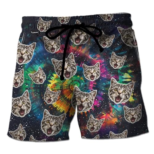 Tie Dye Mens Swim Trunks, Funny Cat Face Hawaiian Mens Shorts Casual - Pet Summer Drawstring Beachwear Shorts