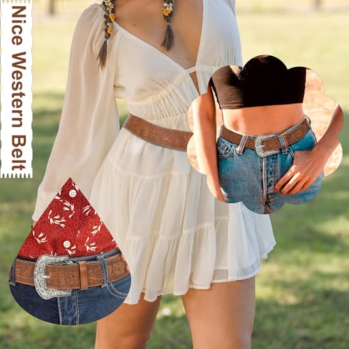 Cowgirl Cowboy Rhinestone-Studded-Buckle Western Belt for Women PU-Leather Floral-Embossed Vintage-Carved Belt2