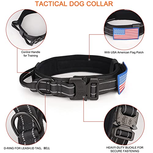 Tactical Dog Collar And Leash Set- Kcucop Military Dog Collar And Dog Leash Tactipup Dog Collars Adjustable Heavy Duty Metal Buckle For M,L,Xl Dogs(Black Reflective Set-L) #TOP4