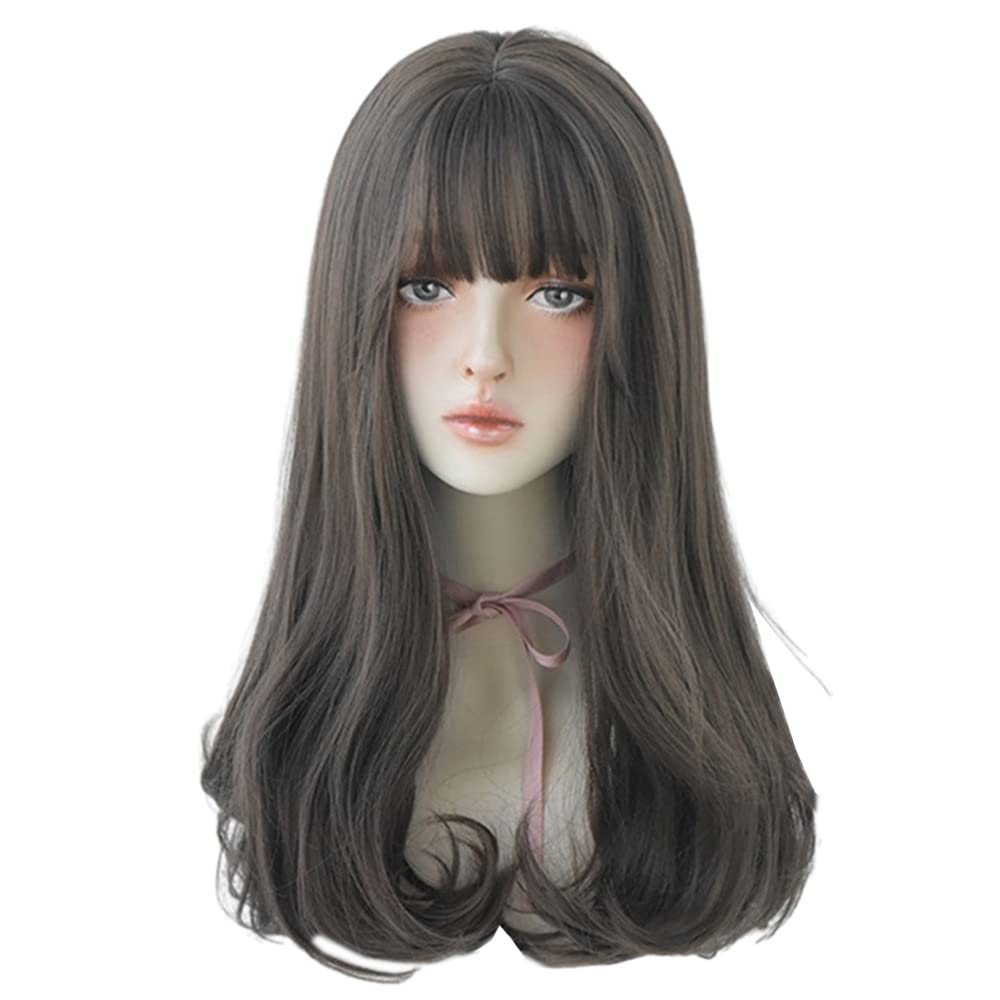 Wig Cool Brown 55cm 21inch Synthetic Hair Lifelike Wig Daily Natural Female Wigs with Bangs (CBR)