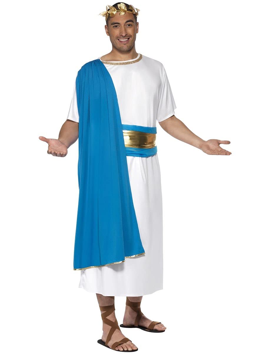 Smiffys Roman Senator Costume, Blue & White Robe, Belt and Headpiece, Legends & Myths Fancy Dress, Adult Dress Up Costumes
