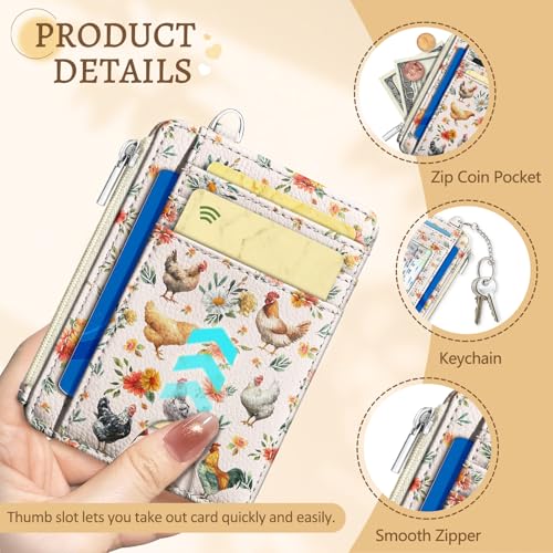Image of Kelvoris Chicken Rooster Credit Card Holder Small Wallet Women, Flowers Slim RFID Blocking Wallet Woman Keychain with Zipper Coin Pocket, Front Pocket Thin Travel Card Case with ID Window Ladies Gifts