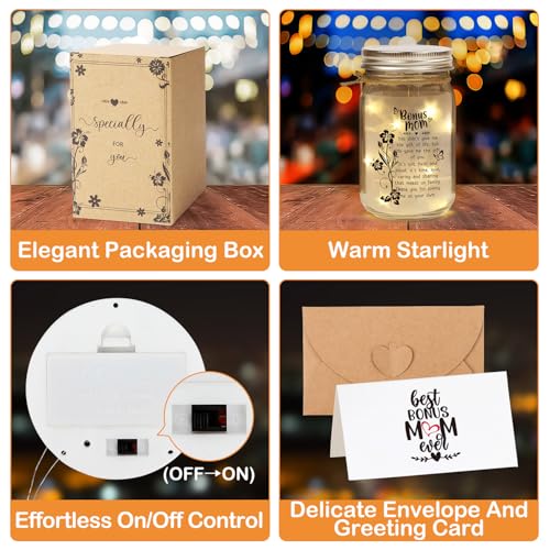 Image of Bonus Mom Gifts Mason Jar Night Light for Mothers Day from Daughter Son,Step Mom Gifts,Birthday for Stepmom, Mother in Law Gifts
