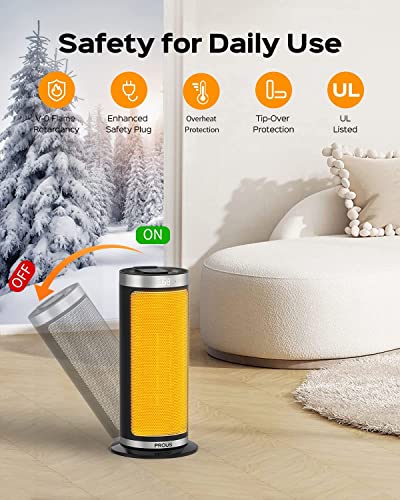 Prous Space Heater, 1500W Fast Heating Ceramic Electric Heater With Thermostat, 4 Modes, Overheat & Tip-Over Protection, 12H Timer, 16Ft Remote, 70° Oscillating Portable Heater For Indoor Office Use #TOP3