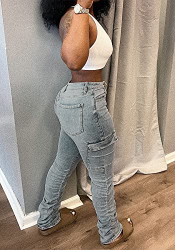 Tcremisa Women Stretchy Stacked Denim Pants Mid Waisted Ruched Straight Leg Trousers Pocketed Jeans Pants Blue
