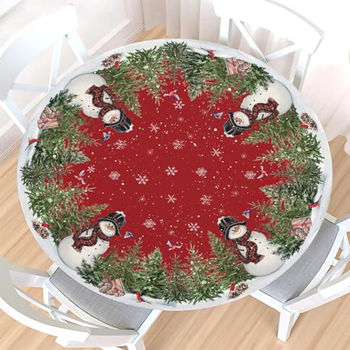 Christmas Round Fitted Tablecloth with Elastic Edge,Water-Resistant Wipeable Xmas Winter Red Snowman Snowflake Green Trees Bird Table Cover for 48-52" Table Cloth for Dinner Indoor Outdoor Party