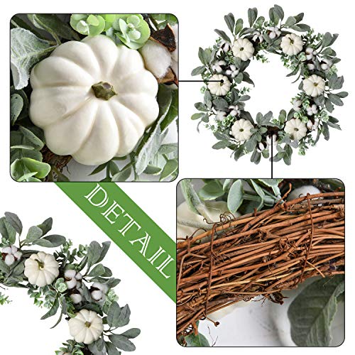 Wanna-Cul 24 Inch Farmhouse Fall Wreath Decoration For Front Door With White Pumpkin, Lamb's Ear And Eucalyptus Leaves, Harvest Door Wreath For Autumn Or Thanksgiving Decor #TOP4