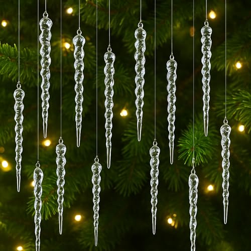 Festive Fix 10pcs Glitter Icicle Christmas Tree Decorations – 12cm Clear Droplet Baubles Set, Crystal-Style Icicles for Xmas Trees, Elegant Hanging Ornaments for Indoor Christmas Décor