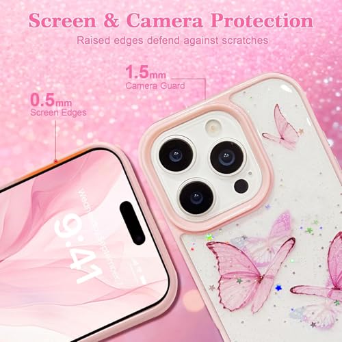 Image of VONZEE for iPhone 15 Pro Max Clear Glitter Butterfly Case, Cute Bling Sparkle Shiny Soft TPU Bumper Shockproof Women Girls Slim Protective Phone Cover for iPhone 15 Pro Max 6.7 inch,Pink