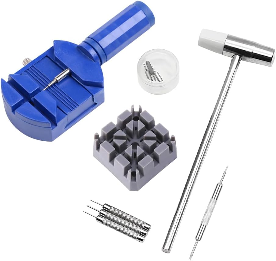 Joyzan Watch Link Removal Tool, Resizing Pin Remover Kit Chain Sizing Strap Adjuster Repair Holder Bracelet Adjustment Band Replacement Back Spare Spring Bar Pin Double Head Hammer Punch DIY Battery