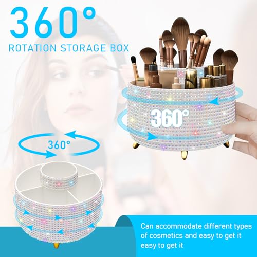 Image of Diesisa Bling Diamond 360 Makeup Brush Holder Organizer, Rotating Makeup Brush Organizer,5 Slot Make up Brushes Cup for Cosmetics, Vanity Desktop Organizer, Gift for Women Teen Girls- Diamond White