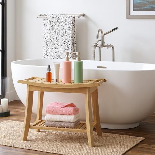 Image of Bamboo Shower Bench Stool,24 inch Shower Chair Seat Non-Slip,Waterproof Bathroom Bench with Storage Shelf for Adults,Elderly, Disabled Indoor&Outdoor Use (Natural)