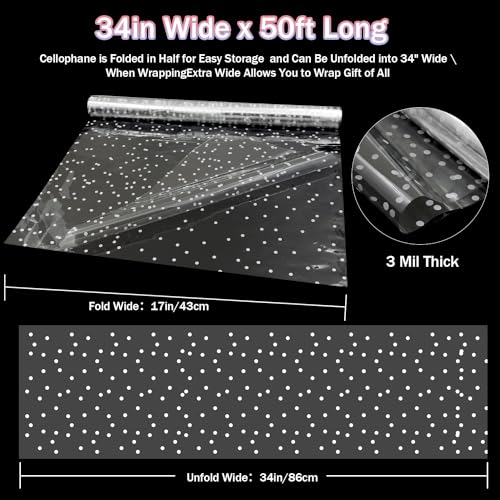 Yileffu Rolo de celofane transparente com ponto branco (86 cm x 15 m) - rolo de celofane espesso de