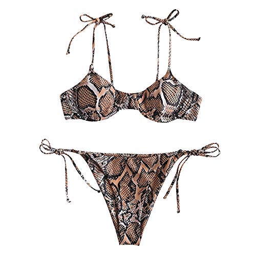 ZAFUL Women's Snakeskin Print Swimsuit High Cut Bikini Set Straps Two Piece Bathing Suit (S, Brown-F)
