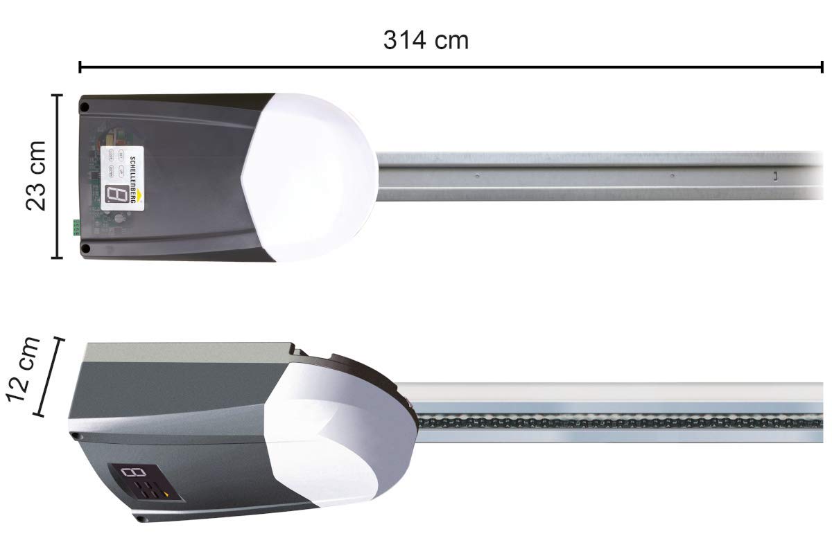A diagram showing the dimensions of the Schellenberg Smart Drive SD14 Garage Door Opener: 314 cm length, 23 cm width, and 12 cm height.