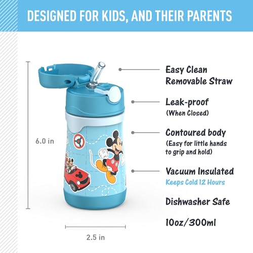 Image of Thermos Baby 10 oz. Stainless Steel Bottle with pop-up straw, Mickey and Friends