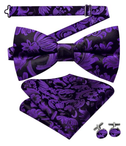 Image of Dubulle Mens Paisley Striped Bowtie Set Pre-tied Bowtie for Men and Pocket Square Set Wedding Business