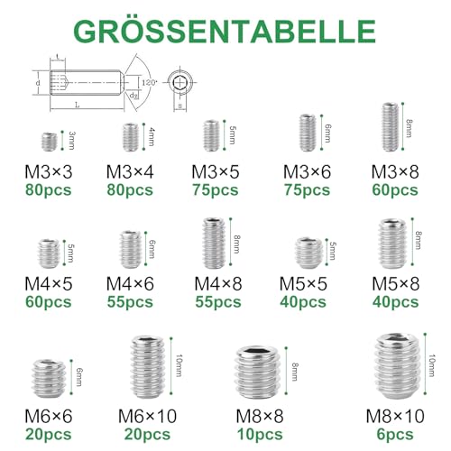 Foliv 676 Stück Madenschrauben Sortiment Set Edelstahl M3 M4 M5 M6 M8 Madenschrauben/Innensechskant Gewindestifte DIN 913,Sechskantkopf Schrauben mit Schraubenschlüssel für Türgriff, Türklinke
