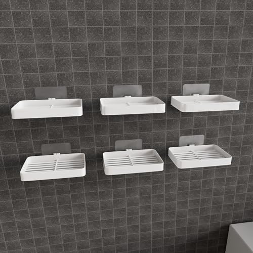 Image of Soap Stand for Bathroom Pack of 6 | Stickable Set | Wall mounted drill free adhesive soap holder. Plastic sink organizer bulk multipack for whole home