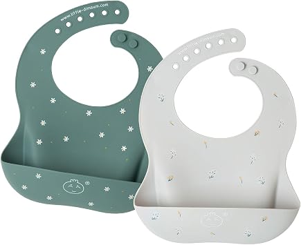 Little Dimsum Silicone Meal Apron, Baby Bib, Soft Bib, Waterproof, Lightweight, Large Saucer, For 0 to 3 Years Old Children, Size Adjustable, Portable, Easy to Clean Flower