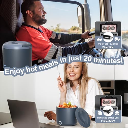 Image of Vingud Electric Lunch Box for Adults, 1.2L /41oz, 100W Fast Heated Lunch Box, 12V /24V /110V Portable Food Heater for Car /Office Work with 304 Stainless Steel Container, Blue Gray
