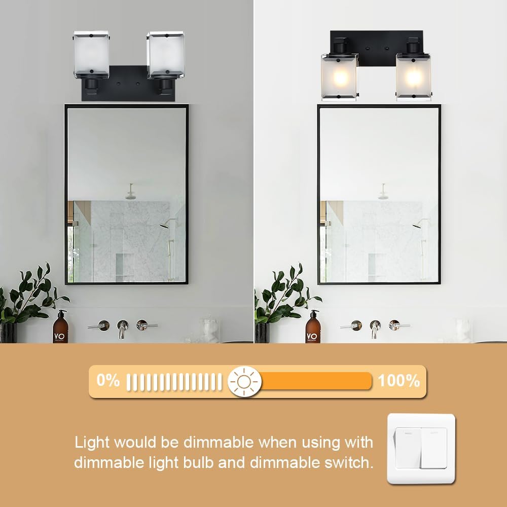 Black Wall Sconce Lighting, 2-Light Bathroom Vanity Light Fixture Wall Mount Lamp Over Mirror for Bedroom Bedside Studty Living Room, Rectangular Frosted Glass Shade