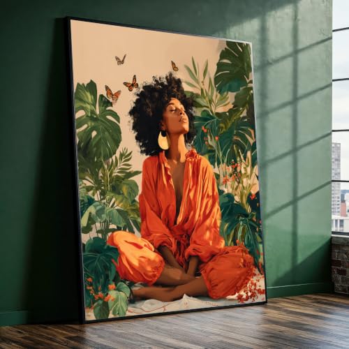 Toile peinture femme tenue orange 21x30 cm décor bohème