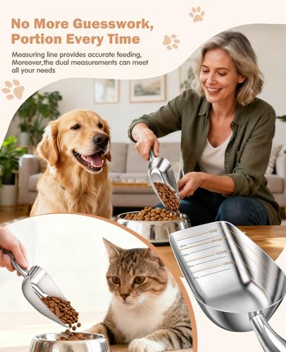 Aosnare Stainless Steel Cat-Dog Food-Scoop Measuring 1-Cup, Pet Food Scoop with Measuring Lines For Dogs, Cats, And Kitchen Use, Dishwasher Safe