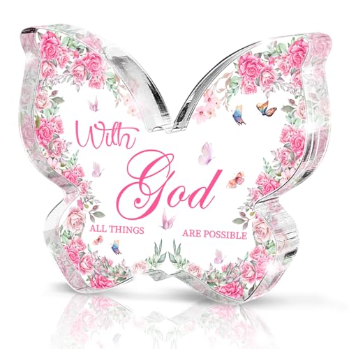 Butterfly Acrylic Decor, "With God All Things Are Possible" Christian Women's Gift, Pink Font Inspirational Religious Home Decor for Prayer Room, Bible Study and Encouragement Place, 4.7x3.2 Inch