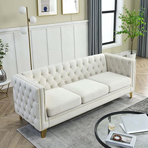 80" Couches For Living Room, Modern Button Tufted Velvet Upholstered Sofa Couch With Square Armrests Inlaid With Gold Nail Heads And 4 Golden Metal Legs For Office, Living Room, Apartment, Beige #TOP2