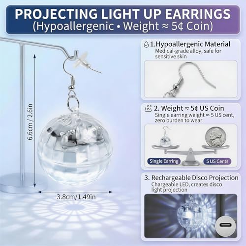 Image of Light Up LED Earrings for Women - USB Rechargeable, Changing Flashing Ear Jewelry, Disco Party Rave Festival Dangling Earrings (white)