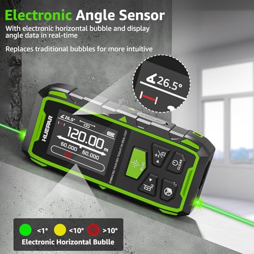 Dual Laser Entfernungsmesser, Huepar 120M Grün Laser Messgerät Entfernungsmesser mit Laser, hintergrundbeleuchtetem LCD, Messung von Entfernung, Fläche und Volumen und pythagoreischem Modus