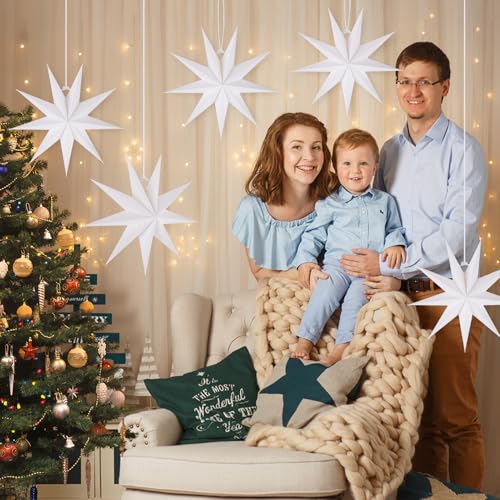 Image of 12 Inches 5 PCS White Paper Star Lanterns Hanging Stars Christmas Party Decorations Hanging Lampshade Christmas Wedding Birthday Christmas Home Party Decorations(9 Pointed)