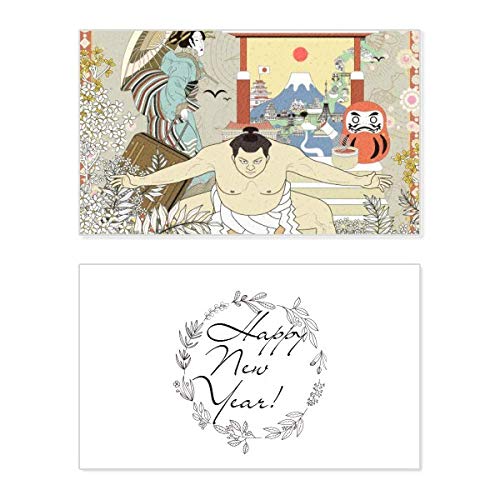 Tarjeta conmemorativa de Año Nuevo estilo Ukiyo-e japonés con hojas de bendición