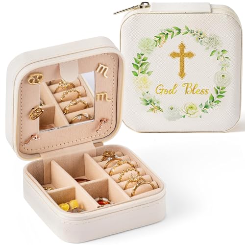 Belanttega God Bless Jewelry Box for Women Girls - Cross Floral Portable Travel Jewelry Case Green Gold Small Jewel Organizer Box, Baptism Wedding Easter Mother's Day Birthday Gifts for Friend Brid