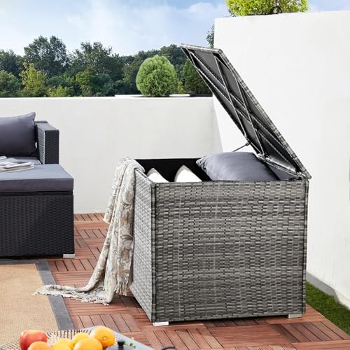 CASARIA® Polyrattan Garden Cushion Storage Box With Lid | 318 Litre Capacity 75x75x70cm | Waterproof Weatherproof Outdoor Shoe Organiser Parcel Chest | Gas Pressure Lifting Spring | Grey 6 CASARIA® Polyrattan Garden Cushion Storage Box With Lid | 318 Litre Capacity 75x75x70cm | Waterproof Weatherproof Outdoor Shoe Organiser Parcel Chest | Gas Pressure Lifting Spring | Grey - Image 6