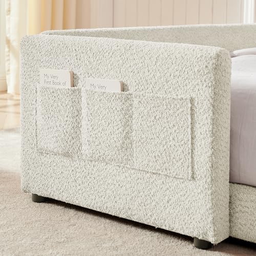 Image of Queen Size Bed Frame for Kids, Upholstered Daybed Frame Floor Bed with Safety Rails and Storage Pocket Cute Rabbit Ear Shaped Headboard for Kids Teens Boys Girls, Beige