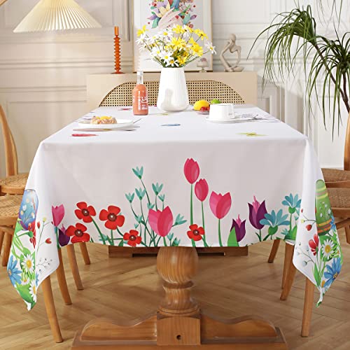 Sastybale Easter Tablecloth For Rectangle Tables, Washable Spring Table Cover Printed With Colorful Easter Eggs And Bunnies For Dinner Table, Party And Easter Decoration (Rectangle,60" X 102") #TOP3