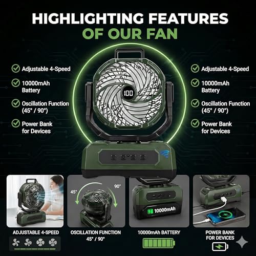 Image of DOCOSS Camping Fan with Remote & LED Light, 10000mAh Battery runs upto 10 Hours Minimum, Type C, Portable Rechargeable Outdoor Tent Fan,Automatic Oscillation, Kitchen Fans for Cooking Green