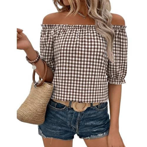 Kistore Womens Tops Short Sleeve Cotton Shirts Off The Shoulder Tops for Women Crewneck Dressy Casual Blouses S-XXL A Brown Plaid Medium