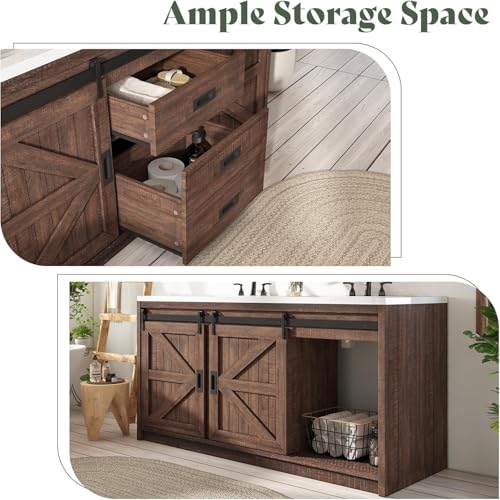 LUXOAK 61" Farmhouse Bathroom Double Vanity Sliding Barn Door with Sink Combo, Freestanding, Bathroom Vanity Cabinet with Drawers & Metal Handles, Reclaimed Barnwood