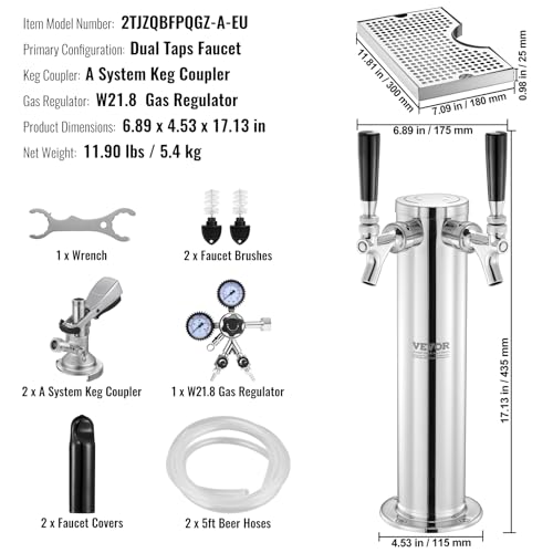 VEVOR Kegerator-Turm-Kit, Bier-Umrüstsatz mit zwei Zapfhähnen, Bier-Turmspender aus Edelstahl mit Doppelmessgerät W21.8-Regler und A-System-Fasskupplung, Bier-Tropfschale für Partys zu Hause