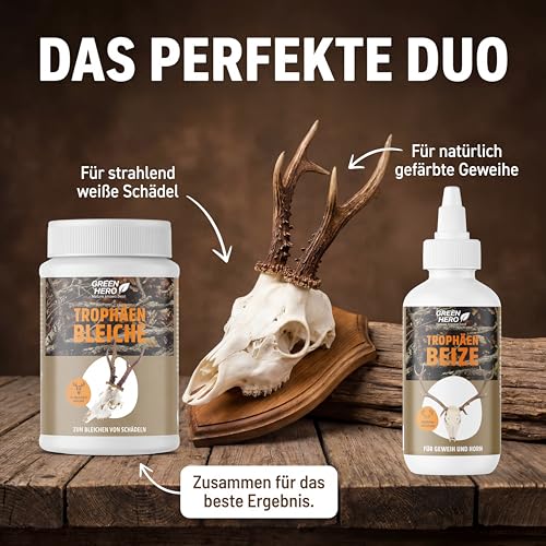 Trophäenbeize 200 ml zum Beizen und natürlichen Nachfärben von Geweih & Horn | Hirschhornbeize und Gehörnbeize für Trophäen aller Art zum Erhalt von natürlichen Farben